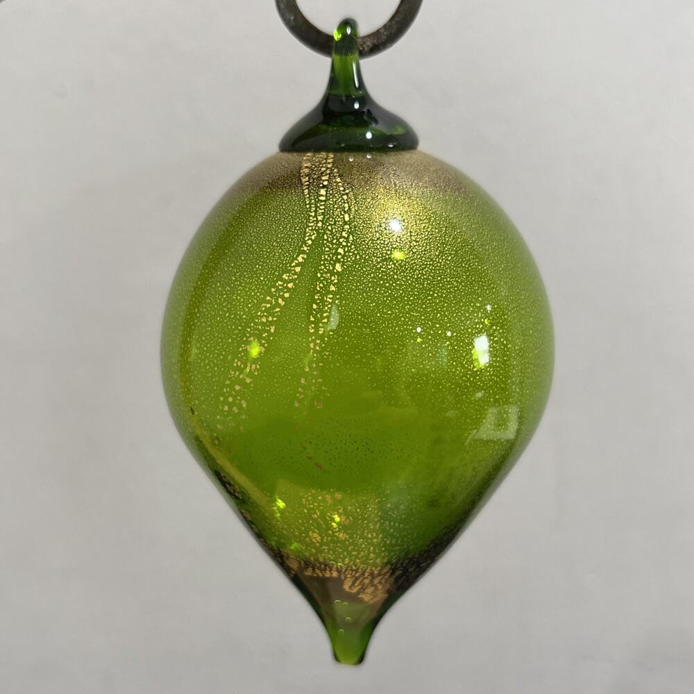 Glass Eye Studio Hand Blown Glass Teardrop Ornament Green Gold Foil Raindrop